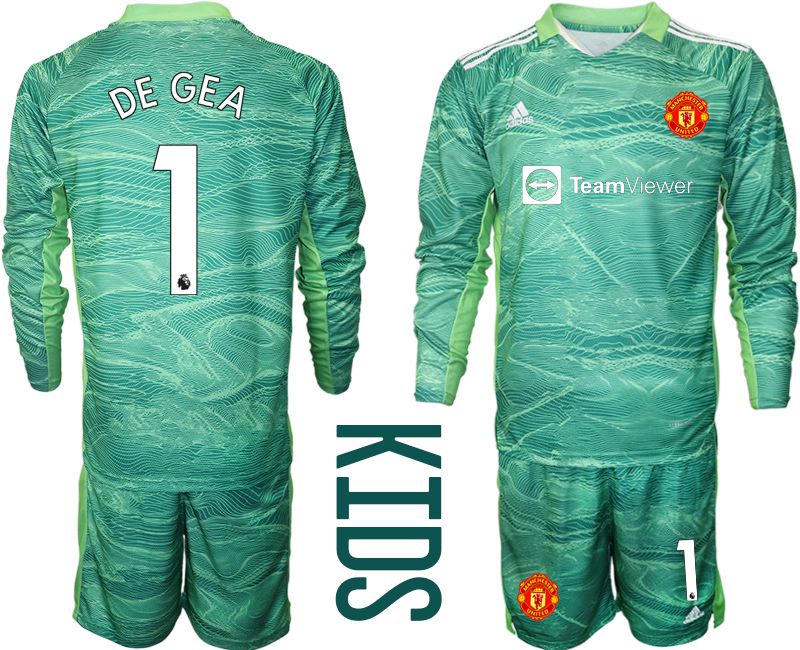 Youth 2021-2022 Club Manchester United green long sleeve goalkeeper #1 Soccer Jersey->youth soccer jersey->Youth Jersey
